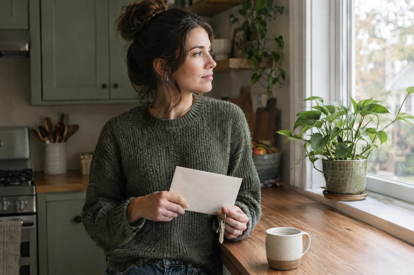 A woman standing at a kitchen counter holding an envelope and a set of keys, looking out of the window.
