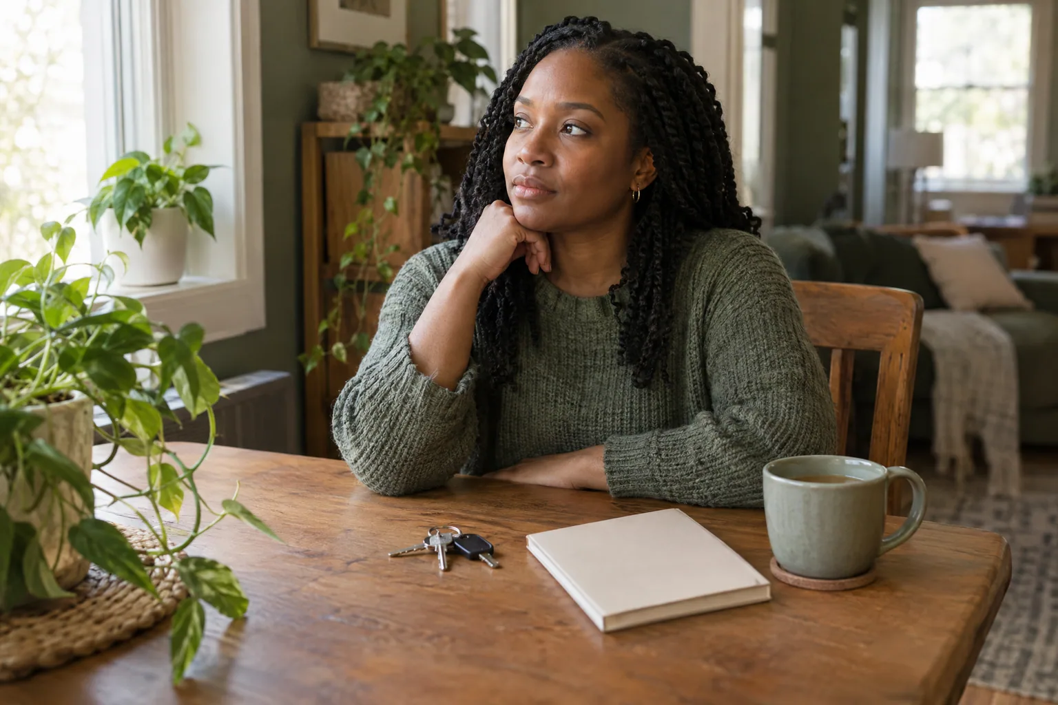 A woman sitting at a wooden dining table with apartment keys and a closed notebook in front of her.