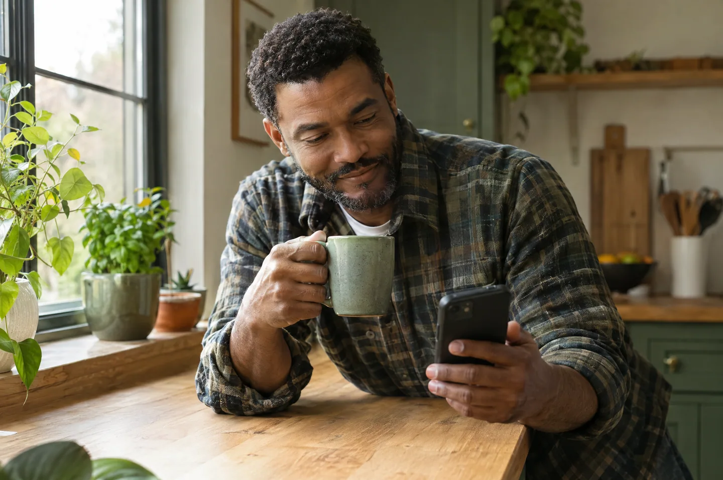 A man in a flannel shirt leaning on a kitchen counter at home in the morning, holding a mug and his phone.