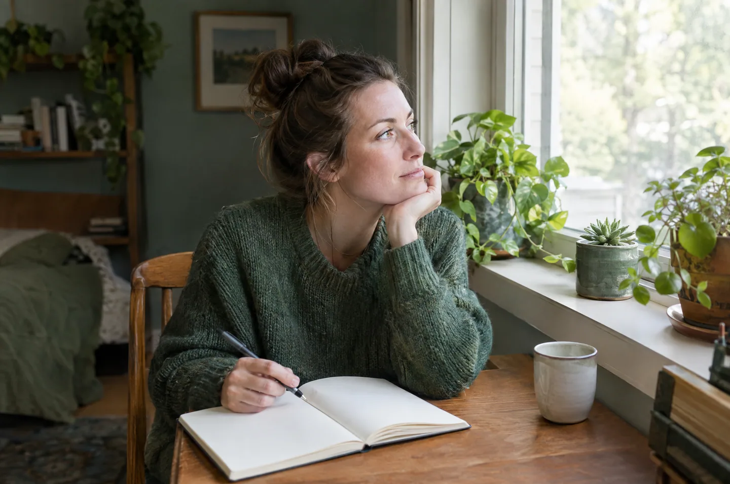A woman at a desk by a window with an open blank notebook and a pen, pausing to think.