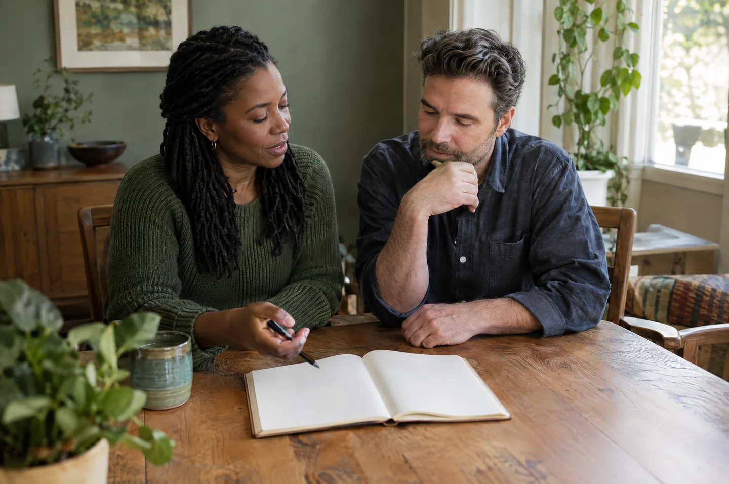 A couple sitting side by side at a dining table with an open blank notebook between them.