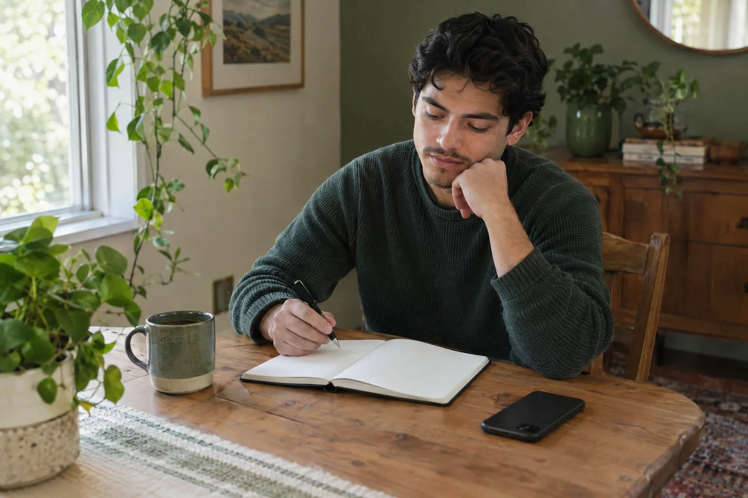 A man at a wooden dining table writing in a blank notebook with a mug and a phone beside him.