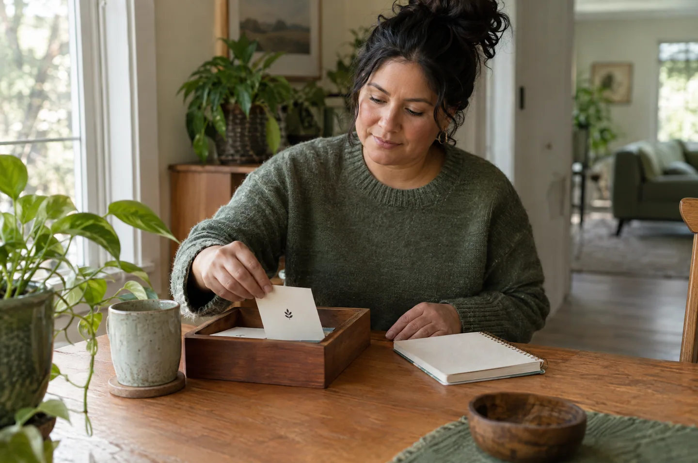 A woman at a dining table placing a plain paper card into a wooden tray, a notebook beside her.