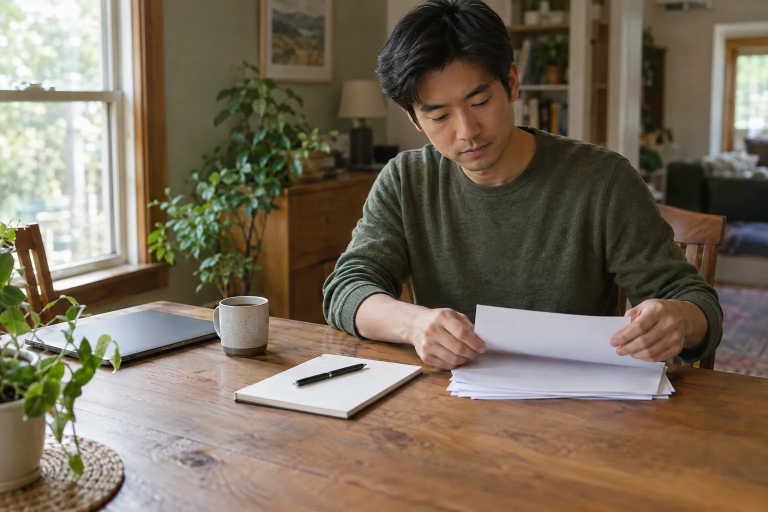 A man at a wooden dining table sorting a stack of papers beside a closed laptop and a notebook.