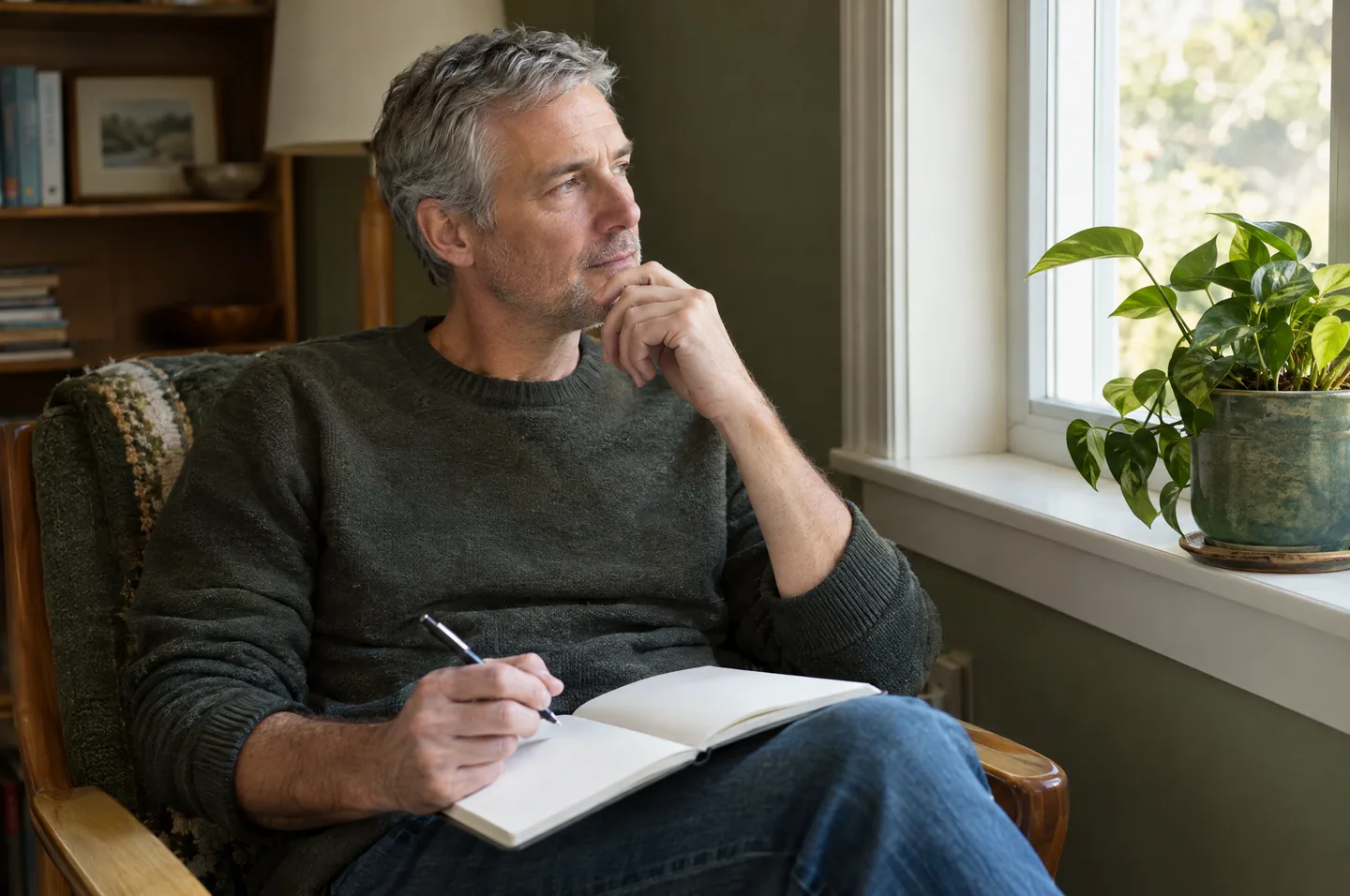 A man sitting by a window with an open blank notebook on his knee and a pen in his hand.