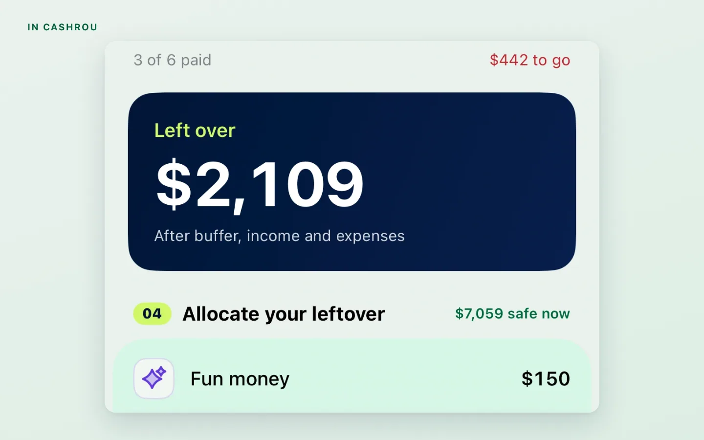 The Cashrou payday screen showing what is left over and the leftover being allocated.