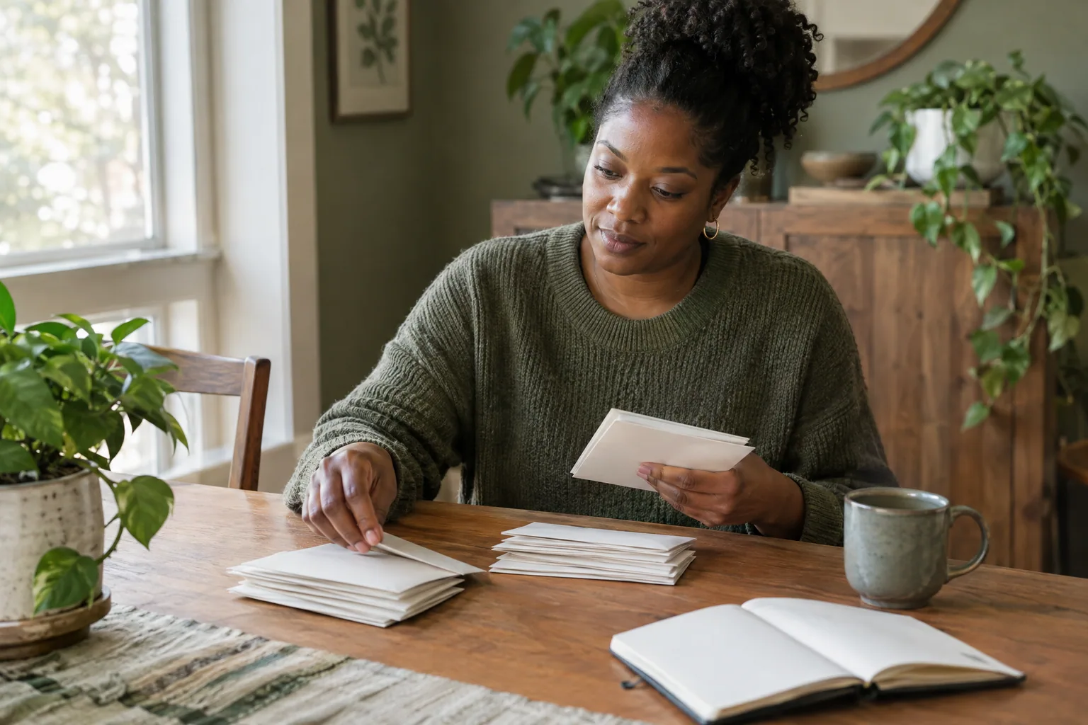 A woman at a wooden dining table sorting a small stack of plain envelopes beside an open notebook.
