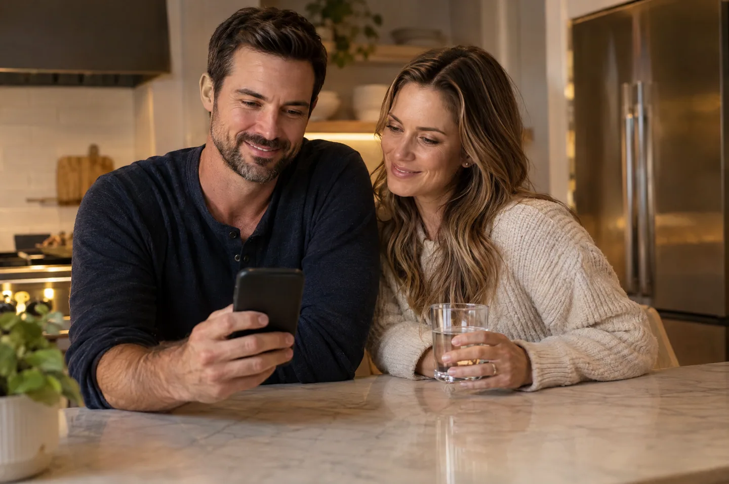 A couple at a kitchen island in the evening, the man holding his phone while the woman leans in beside him.