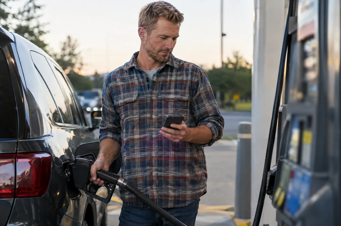 A man in a flannel shirt filling his SUV at a gas pump while holding his phone in his other hand.