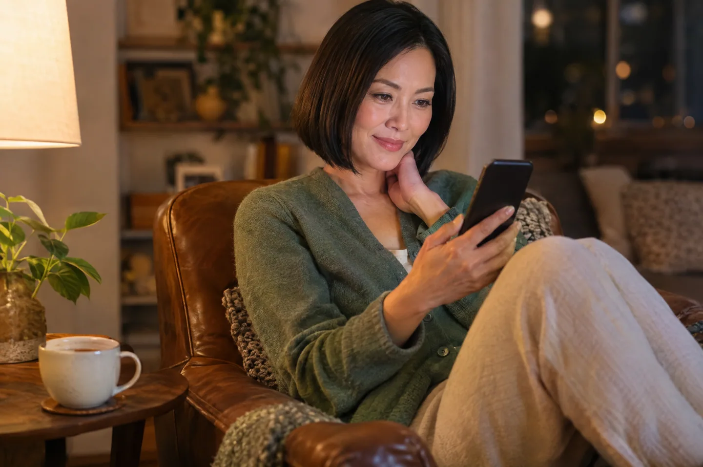 A woman in a green cardigan curled in a leather armchair at home, looking at her phone beside a cup of tea.