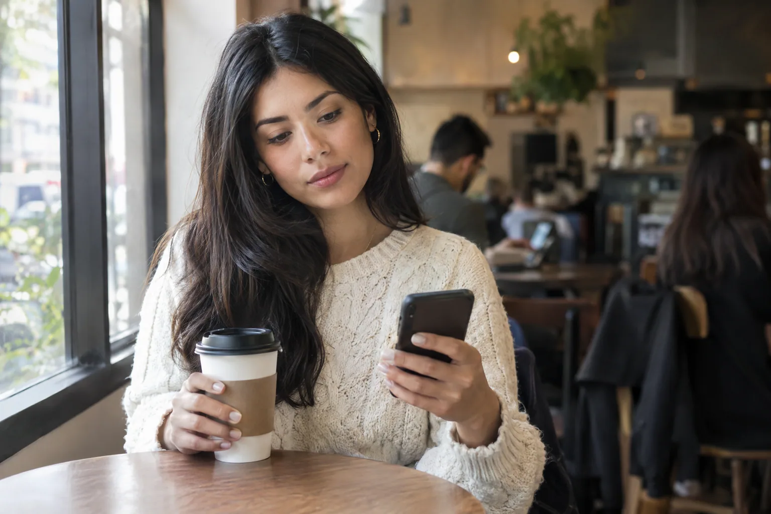 A woman in a cream sweater at a coffee shop table holding a takeaway cup and looking at her phone.
