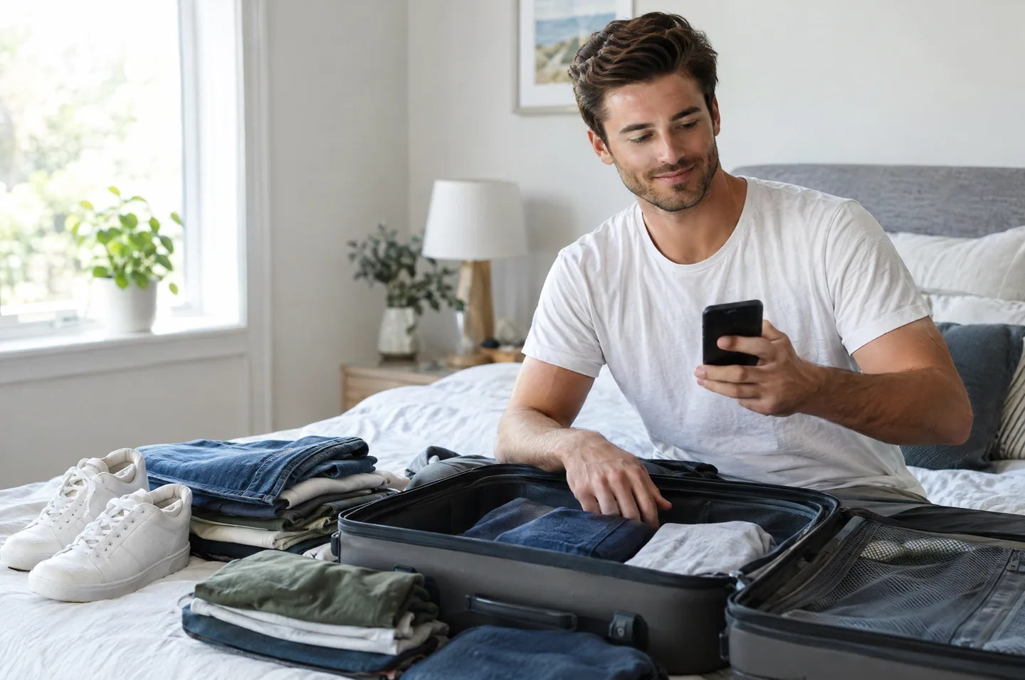 A man packing an open suitcase on his bed in a bright bedroom, holding his phone.