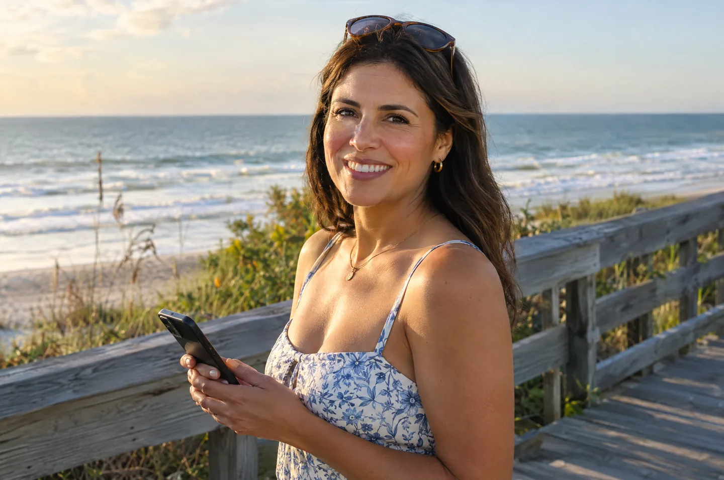 A woman in a sundress on a wooden beach boardwalk with the ocean behind her, smiling at her phone.
