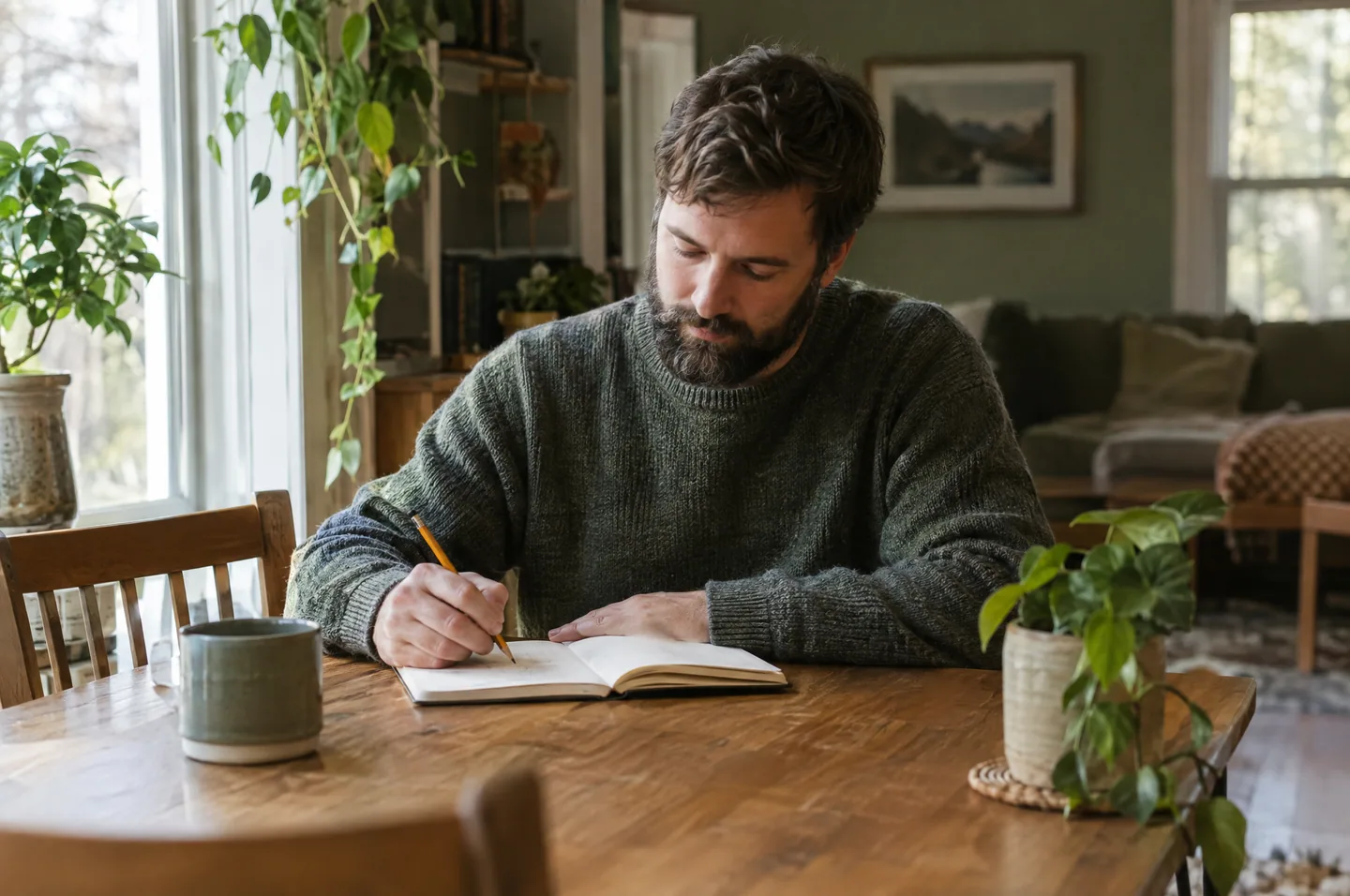 A bearded man in a sweater writing in a notebook with a pencil at a wooden table.
