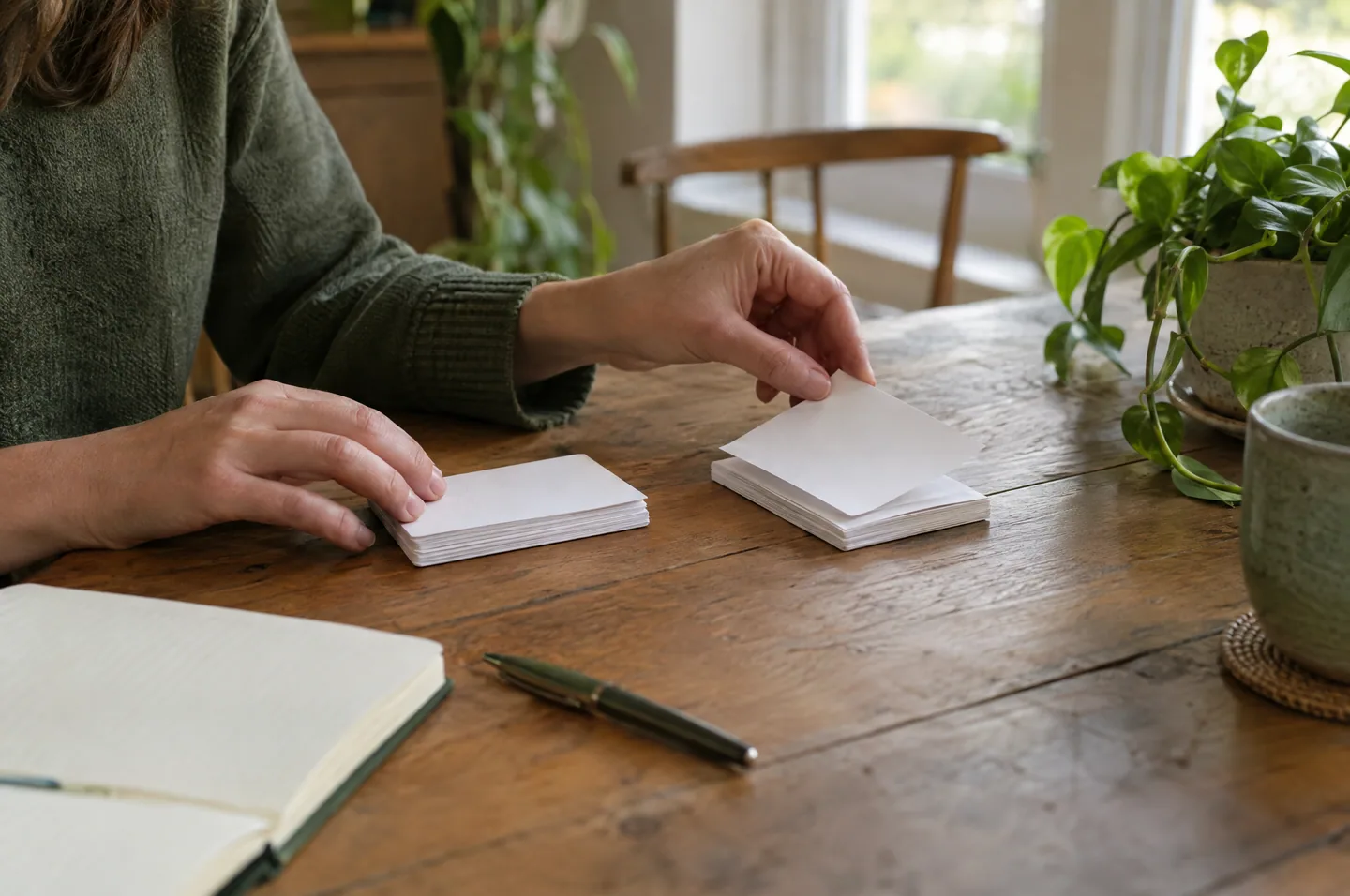 Hands moving a plain paper card from one small stack to another on a wooden table.