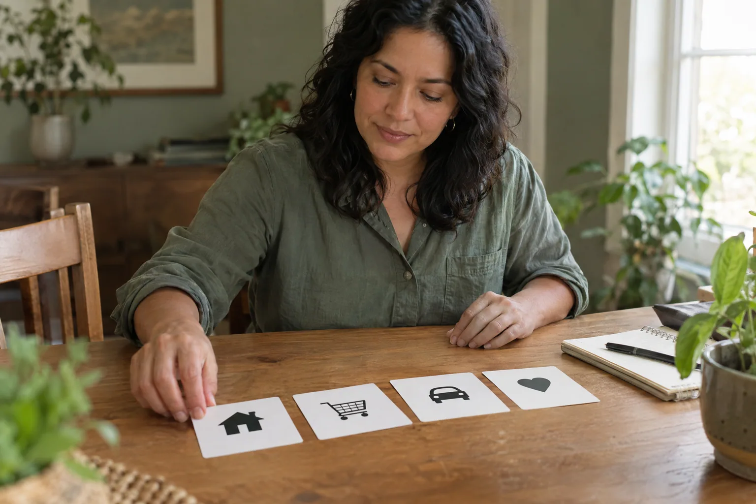 A woman at a wooden dining table laying out plain paper cards in a row, each with a simple black icon.