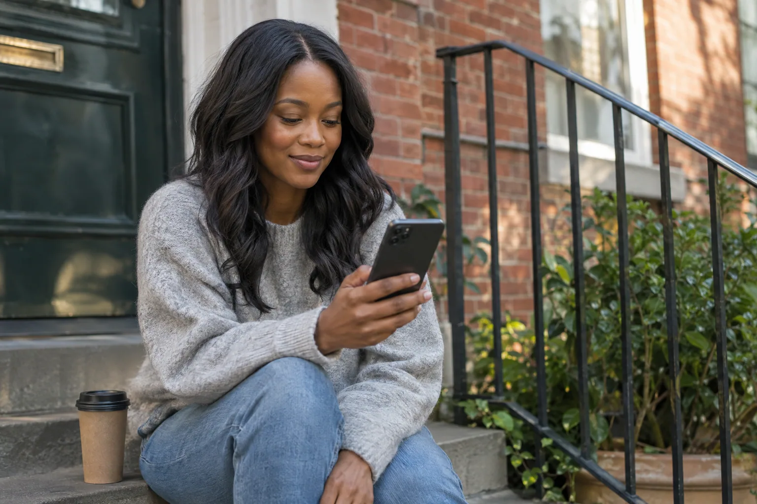A woman in a gray sweater on the front steps of a brick townhouse, smiling at her phone beside a coffee.