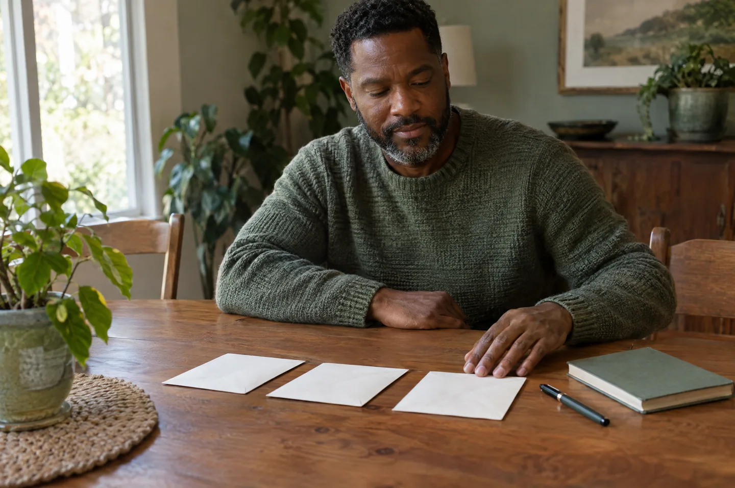 A man at a dining table laying three plain envelopes in a row beside a notebook and pen.