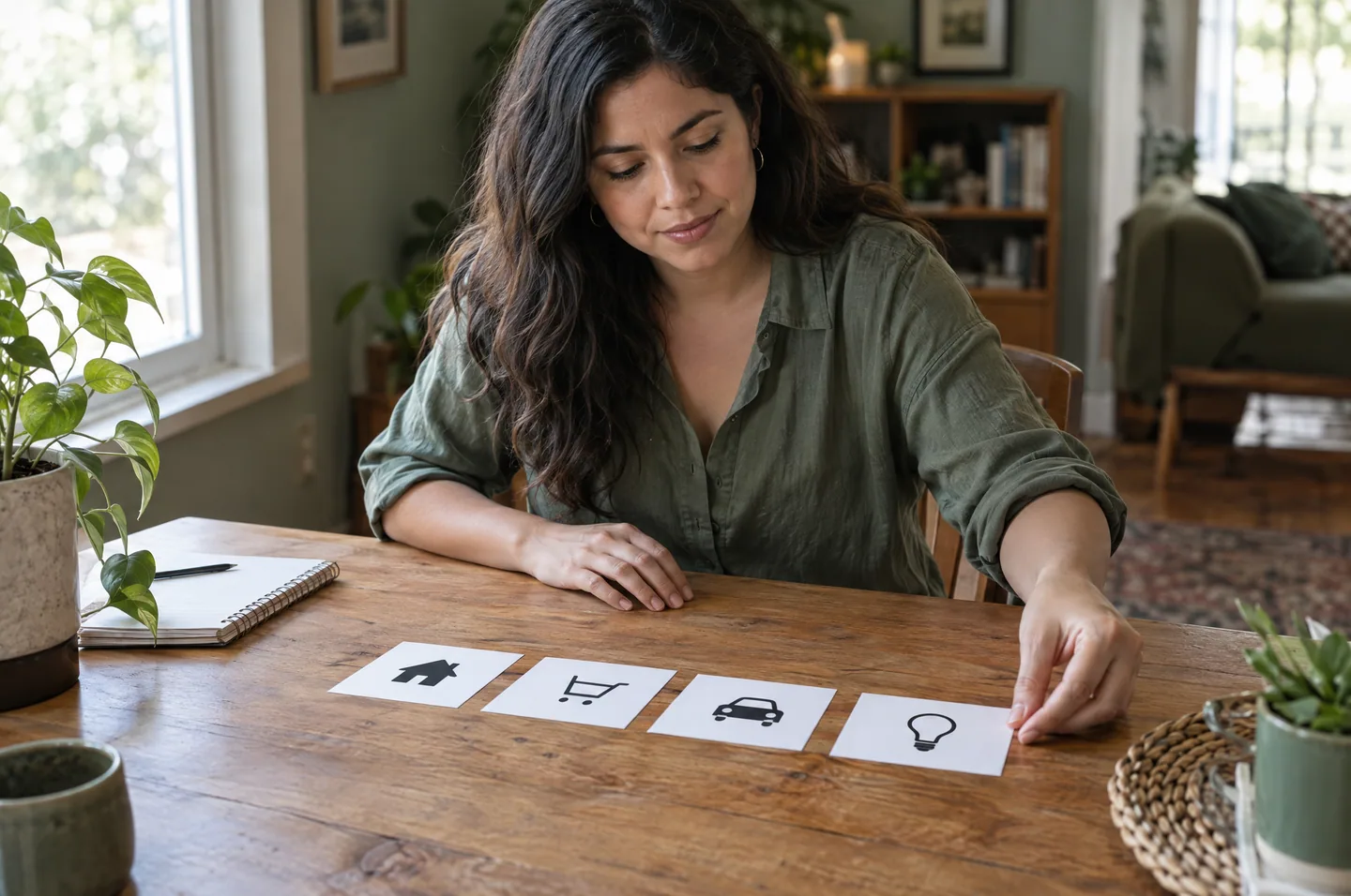 A woman placing paper cards with house, cart, car and light bulb icons in a line on a table.