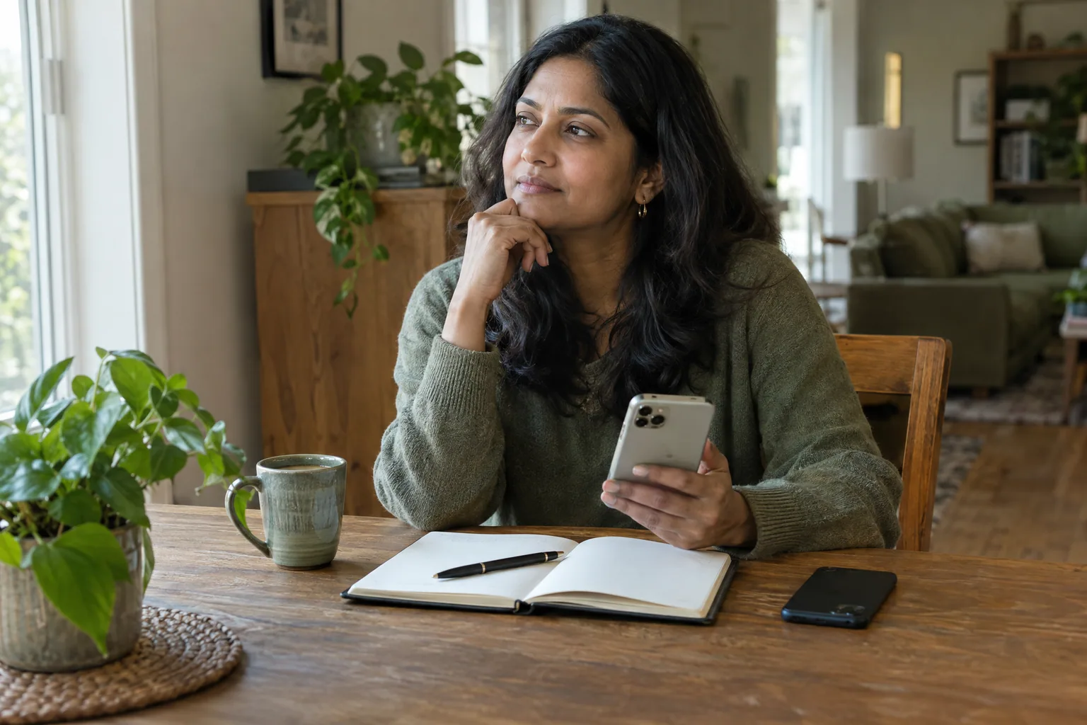 A woman at a wooden dining table holding a phone, a second phone face down beside an open notebook.